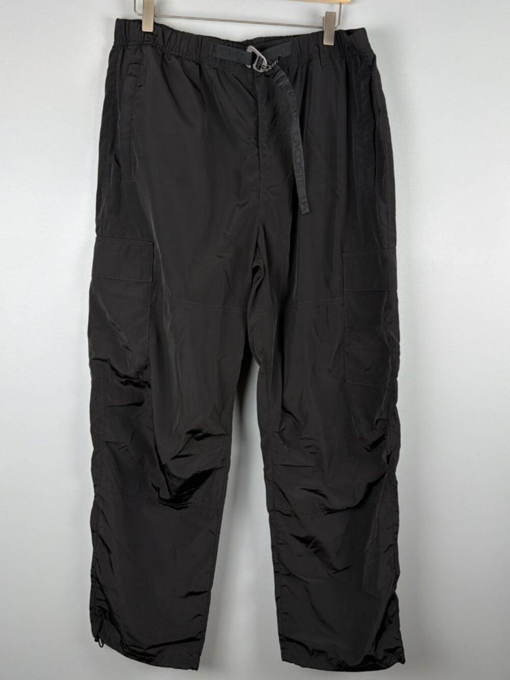 Lacoste Cargo Pants Mens Large Black Relaxed Fit Water Repellent Shiny Belted